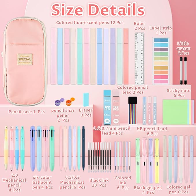 80Pcs Aesthetic School Supplies with Cute Pencil Case, 12 Pastel Highlighters, 4 Multicolor Ballpoint Pens, 6 Gel Pens with Refills, 10 Mechanical Pencils with Leads for Student Stationery Set(Pink)