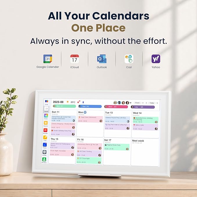 15.6-Inch Smart Digital Calendar & Photo Frame for Family, Wall Planner with Auto-Sync to Apple, Google & Outlook, Touchscreen Display with Chore Chart, To-Do Lists & Meal Planner, White Frame, No Subscription