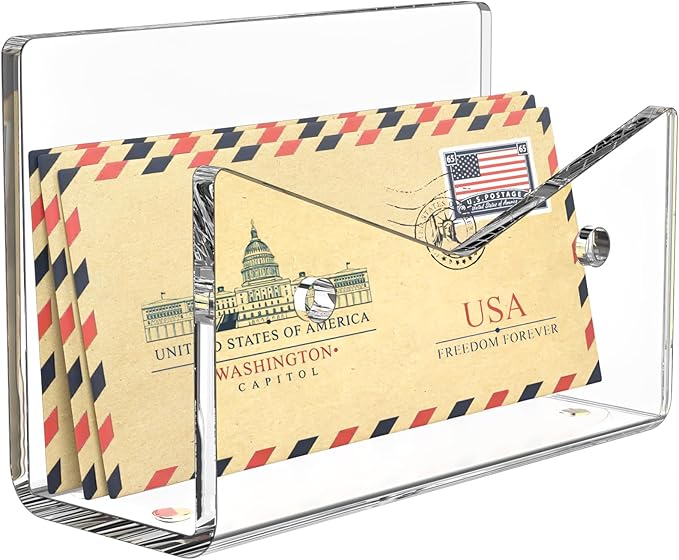 Mail Organizer Envelope Holder - Clear Acrylic Mail Holder Countertop Vertical Desk Organizer Small File Bill Document Notebook Letter Sorter for Home School Office Supplies