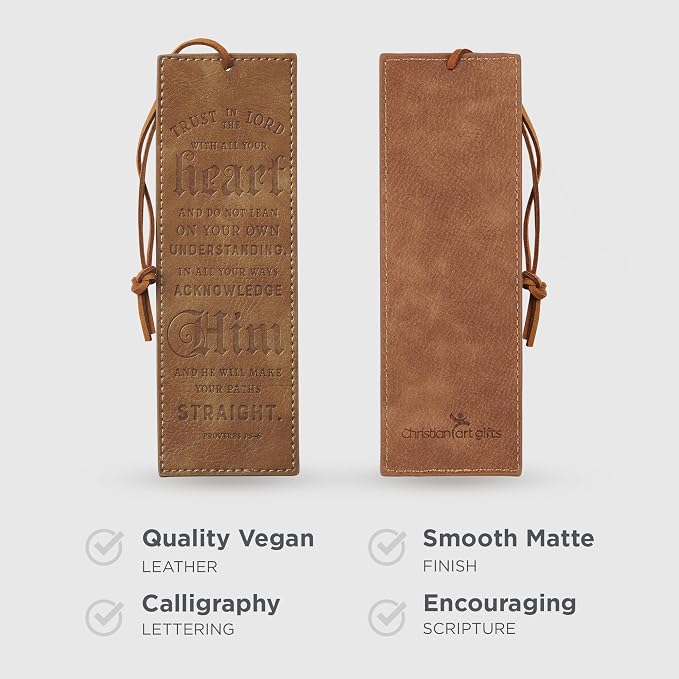 Christian Art Gifts Premium Faux Leather Scripture Bookmark for Men & Women: Trust in The Lord - Proverbs 3:5-6 Inspirational Bible Verse, Heat-Debossed, Brown with Cord Tassel, Reading Book Accessory