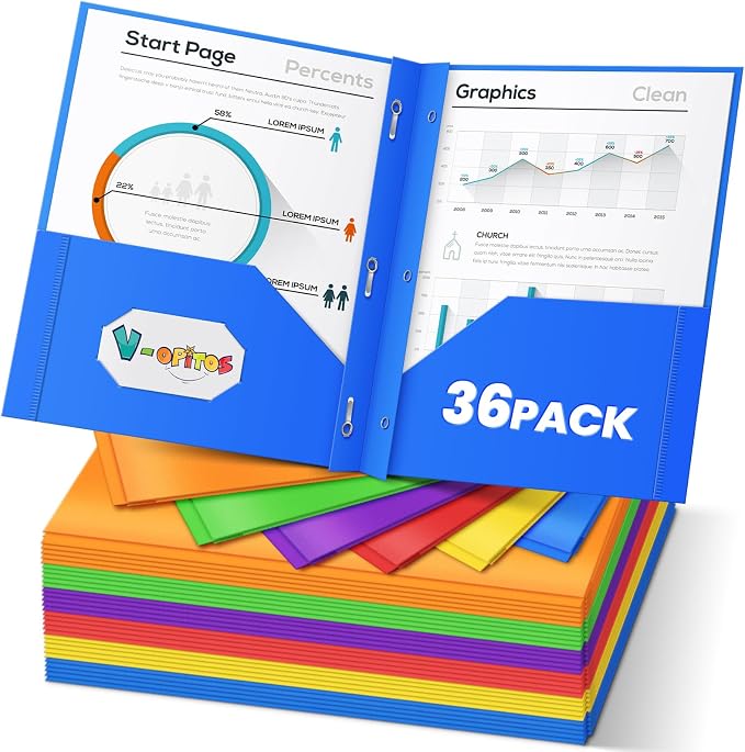 V-Opitos 36 Packs 2 Pocket Folders with 3 Prongs Fastener Clasps, Bulk Heavy Duty Plastic Folders, Multicolor Files Folders in 6 Colors for School and Office