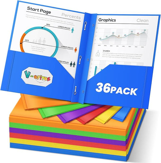 V-Opitos 36 Packs 2 Pocket Folders with 3 Prongs Fastener Clasps, Bulk Heavy Duty Plastic Folders, Multicolor Files Folders in 6 Colors for School and Office