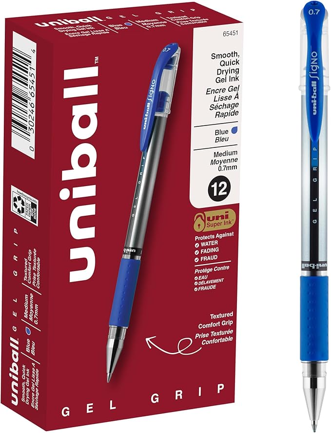 uniball Gel Grip Gel Pens, Medium Point (0.7mm), Blue, 12 Pack