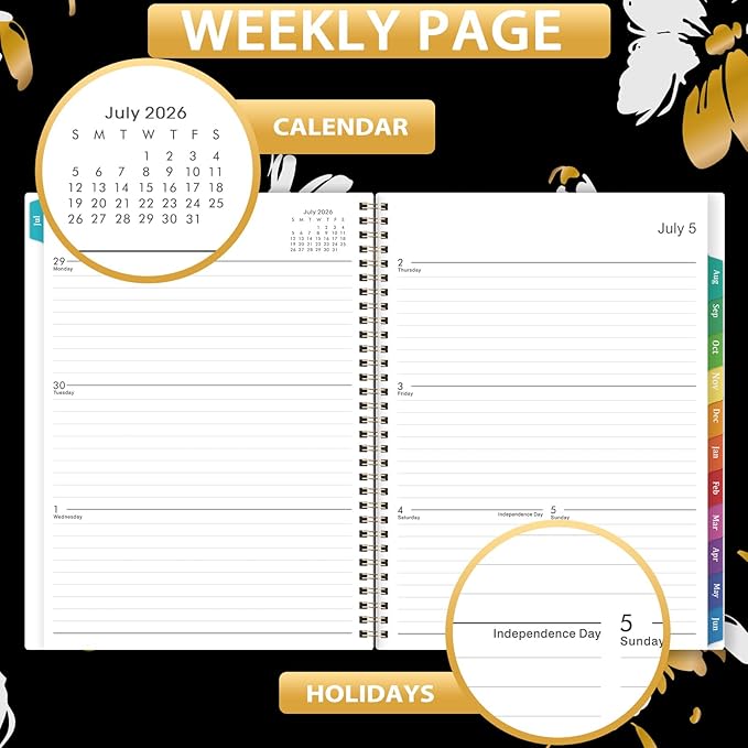 Planner 2026-2027- Weekly Monthly Academic Planner 2026-2027, July 2026 - June 2027, Calendar Planners with Colorful Tabs, Inner Pocket, Floral Cover, 8.5'' x 11''