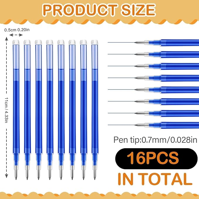 16Pcs 0.7mm Blue Erasable Gel Ink Pen Refills Compatible with Frixion Friction, Replaceable Medium Fine Point Clicker Refill Stationery (16, Blue)