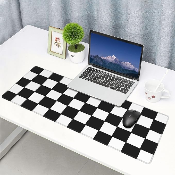 Checkered Black White Gaming Mouse Pad Desk Mat for Home and Office, Large Mousepad Extended Keyboard Pad Stitched Edge Accessories Decor