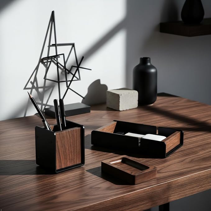 Walnut Desk Tray with Pen Holder Set, Solid Wooden Desk Drawer Organizer for Keys, Pen, Watch, Airpods, Earbuds, Cool Valet Tray for Men