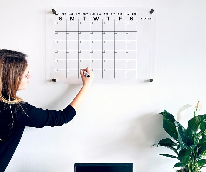 Acrylic Wall Premium Calendar with Black Hardware - Monthly and Weekly Board Family Planner - Dry Erase Family Calendar - Marker (24x18'' (Regular) - Black Standoff)