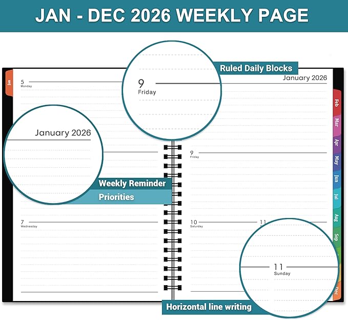 2026 Planner - Planner 2026 Weekly and Monthly, Jan 2026 - Dec 2026, 2026 Planner 6.3” × 8.4”, Notes, Thick Paper, Back Pocket, Twin-wire Binding