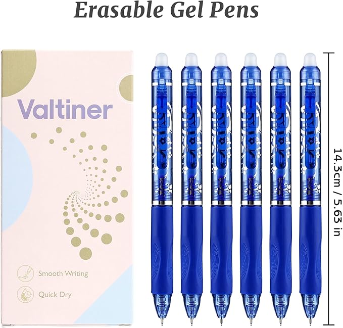 6 Pcs Retractable Erasable Pens, Colored Gel Blue Ink Pens Clicker with Erasers, 0.5mm Fine Point Smooth Writing Pen for Journaling Note-Taking Crossword Puzzles Supplies (Blue)