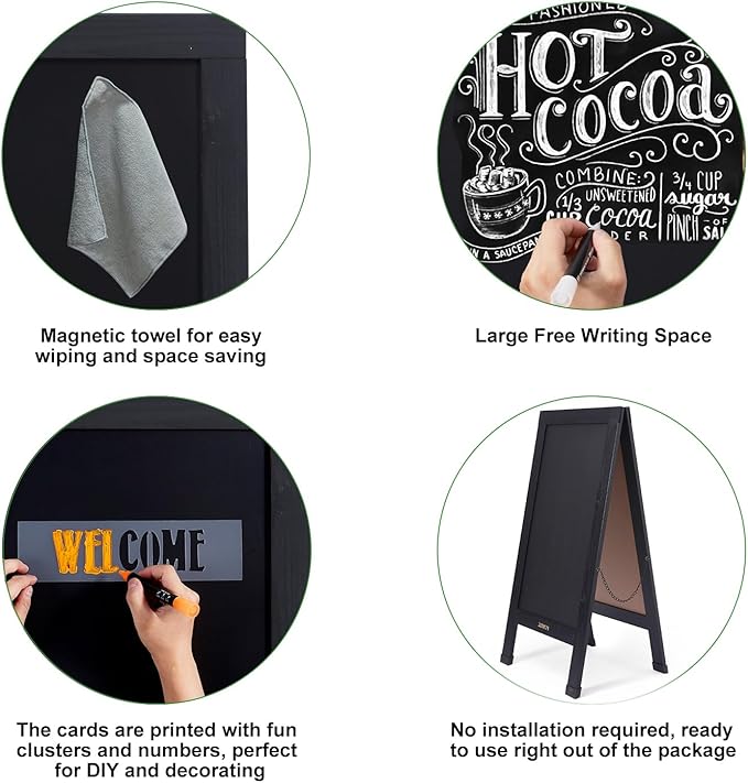Large Sandwich A-Frame Chalkboard Sign - 40 x 20 Inches Magnetic Wooden Chalk Board for Sidewalk, Stand up Double-Sided Outdoor Easel Display for Restaurant Cafe Shop Wedding Party or Business（Black）