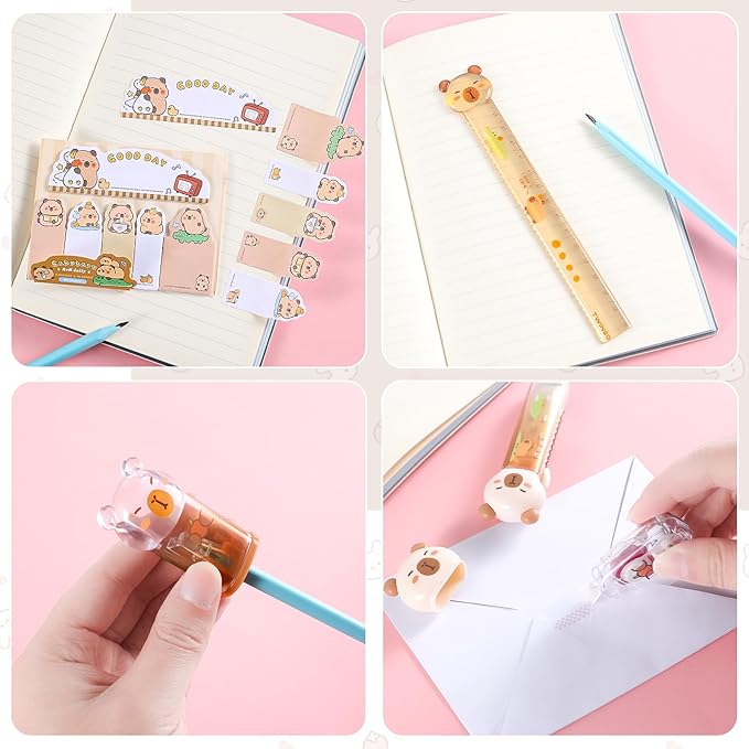 7Pcs Cute Capybara Stationary Set Kawaii School Supplies Japanese Stationery, Includes Pencil Sharpener, Eraser, Correction Tape, Glue Tape, Sticky Notes, Ruler, for Office School Supplies