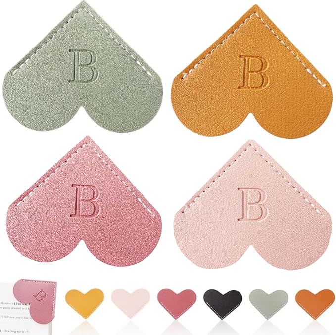 Personalized Leather Heart Bookmark, 26 Letters Customized Corner Book Mark for Reading Women, Book Marker with Initials，Cute Gifts (Light Pink+Deep Pink+Green+Light Brown, B)