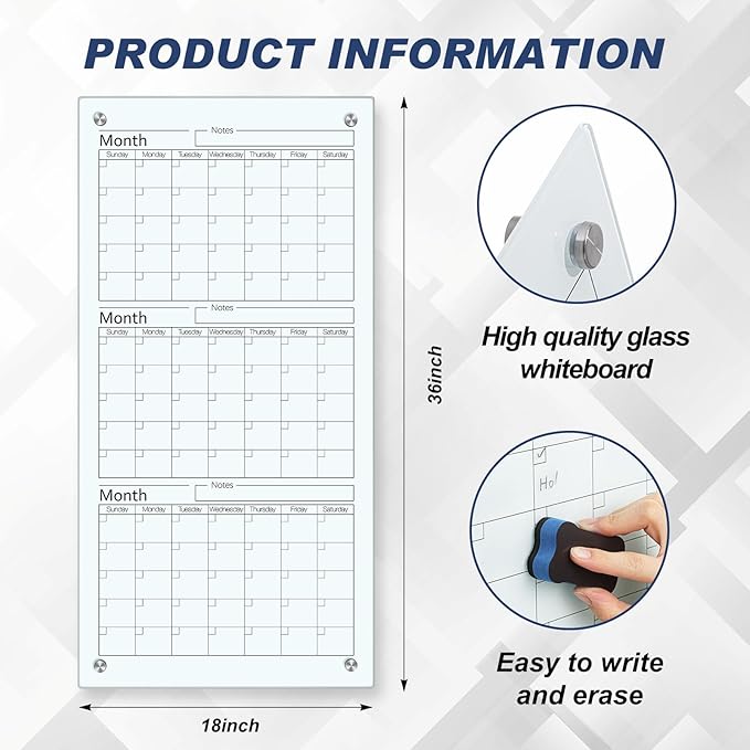 Glass Whiteboard Calendar Dry-Erase White Board Planner Glass Large Wall Mounted Calendar with Marker Tray for Wall Home or Office(Transparent,36" X 18",3 Month)