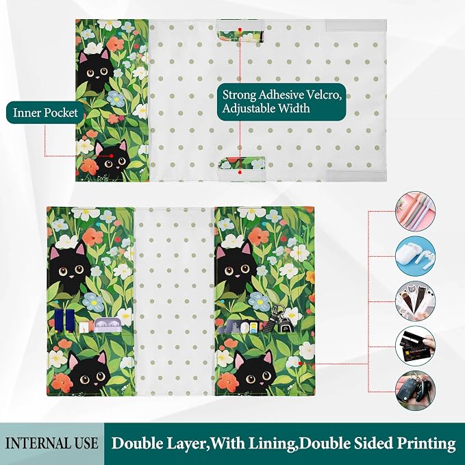 Cute Cat Floral Book Cover Protector, Adjustable Soft Canvas Fabric Book Cover with Pocket Bookmark, Double Side Print Book Dust Jacket Covers for Hardcover Bible Book Lovers Gift