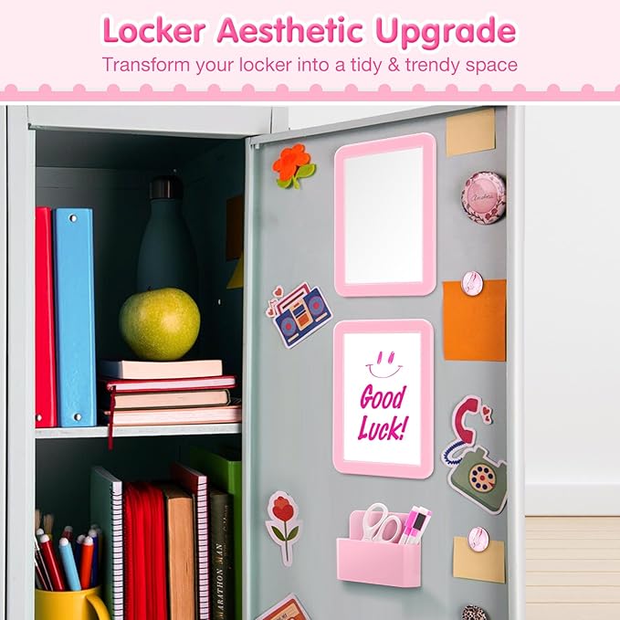 MoKo Locker Accessories Set, 11PCS Back to School Supplies Includes Magnetic Mirror, Whiteboard, Markers, Pen Holder, Magnets, Locker Organizer for School Office (Pink)