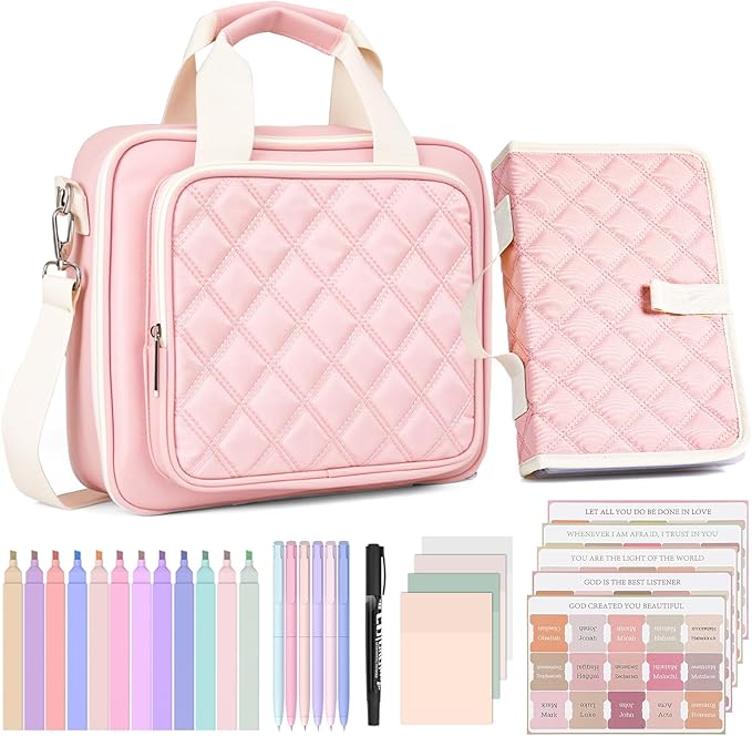 Nicpro Large Bible Bag with Bible Cover Case for Women, Church Bag with Shoulder Strap,Quilted Cover for Bible Study Supplies Journaling Kit with Tabs Notes Highlighters Pens Christian Gifts for Women