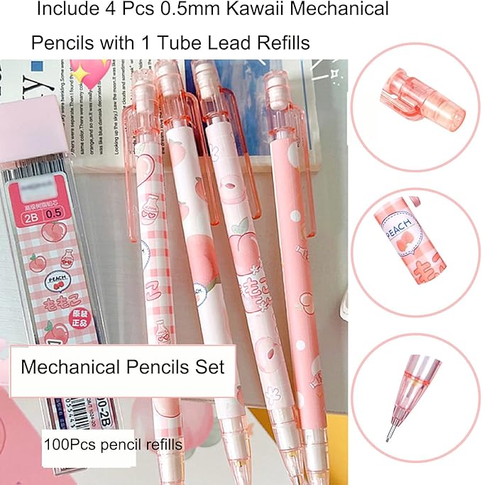 4PCS Cute Cartoon Mechanical Pencils Set with Tubes 0.5 mm Pencil Refills (Pink)