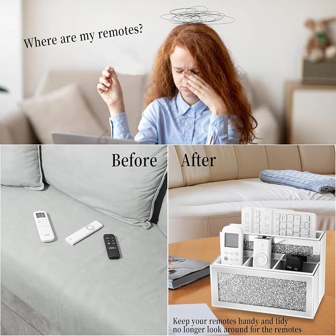 Mirrored Remote Control Holder, Crushed Diamond TV Remote Holder Wall Mount, Desk Organizers and Accessories for Phone, Pad, Pen and Pencil, Remote Caddy