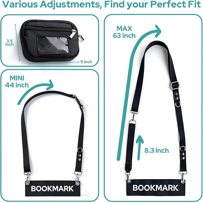 Detachable Strap Bookmark for Reading Women, Turns Any Book into A Bag, Reading Accessories Gifts for Book Lovers, Fits 8" Books, Black