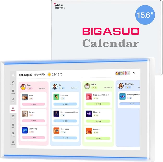 15.6 Inch Family Digital Calendar - Chore Chart, Meal Planner, Photo Display, FHD Interactive Touchscreen with LED Reminder, Wall & Desk Mount Smart Electronic Planner