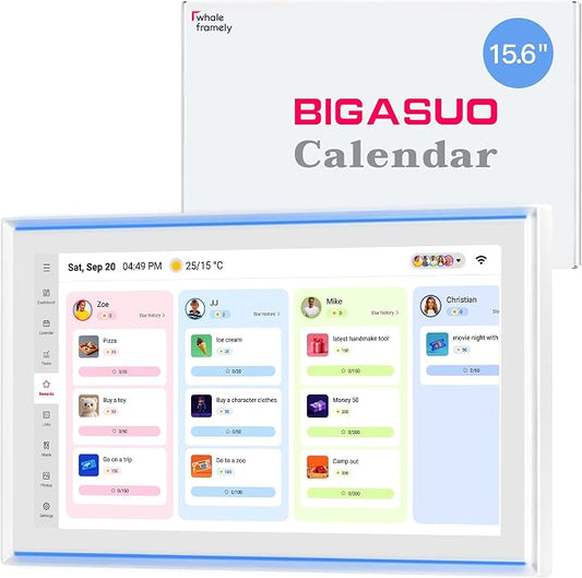 15.6 Inch Family Digital Calendar - Chore Chart, Meal Planner, Photo Display, FHD Interactive Touchscreen with LED Reminder, Wall & Desk Mount Smart Electronic Planner