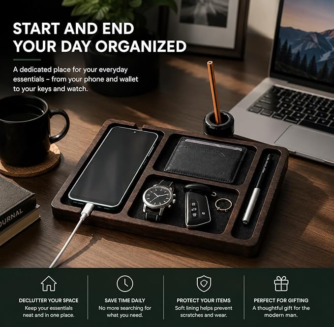 Desk Organizer Tray for Men with Ceramic Pen Holder, Wooden Valet Tray, Minimalist EDC Desk Organizer for Phone, Wallet, & Keys, Nightstand Bedside, Entryway, Birthday Gift for Men, Dad, Husband
