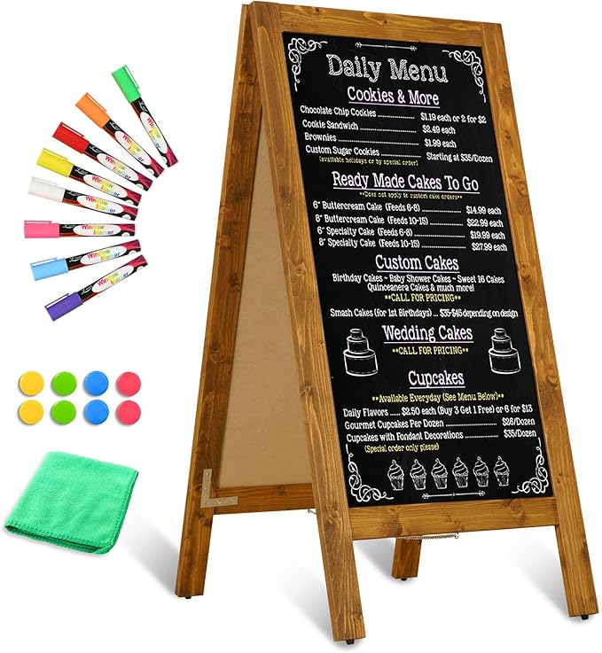 Wooden A-Frame Sign, Magnetic 40" x 20" Yellowish-Brown Chalk Board Sign Board, Double-Sided Sandwich Board Signs Outdoor, Chalkboard Easel, Menu Board for Restaurant, Business or Wedding