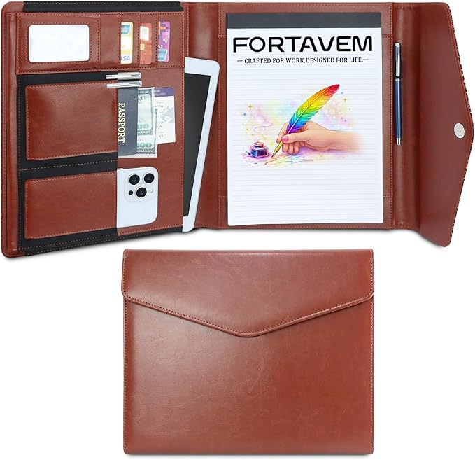 Professional Trifold Padfolio with Magnetic Closure – A4 Letter Portfolio Organizer for Business Meetings, Interviews & Presentations, Document Folder with Notepad Holder Brown
