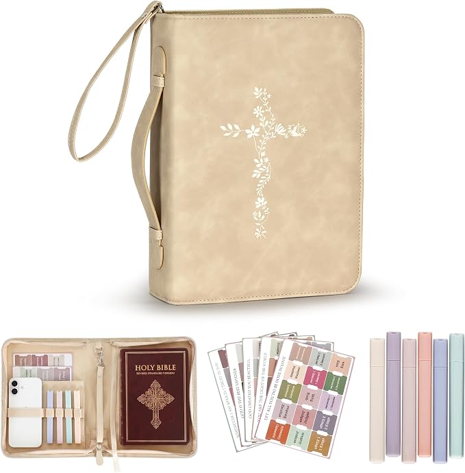 LISWIT Large Bible Cover Case for Women, PU Leather Bible Bag with Zipper & Handle, Includes Bible Study Supplies, Highlighters and Tabs, Christian Gift for Women, Girls, Teens (Beige/Gold)