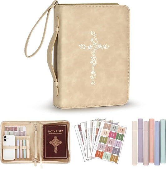 LISWIT Large Bible Cover Case for Women, PU Leather Bible Bag with Zipper & Handle, Includes Bible Study Supplies, Highlighters and Tabs, Christian Gift for Women, Girls, Teens (Beige/Gold)