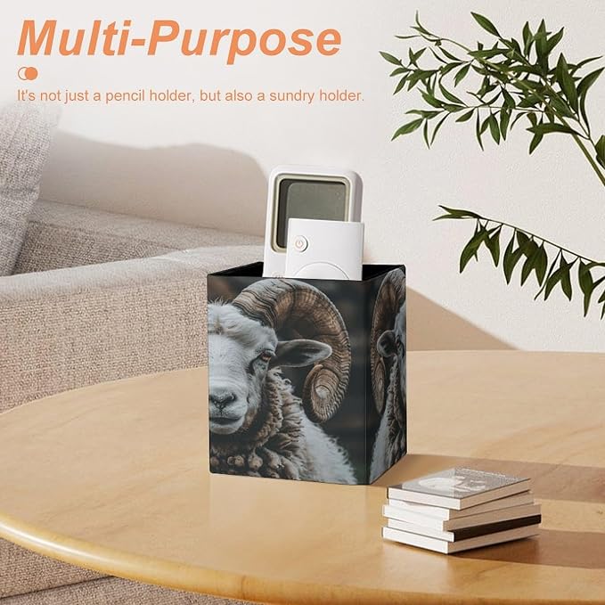 PU Leather Pencil Holder Longhorn Ram Pen Holder for Office Desk Accessories & Workspace Organizer Square Pencil Cup with Non-slip Bottom for Home Bathroom Conference Room