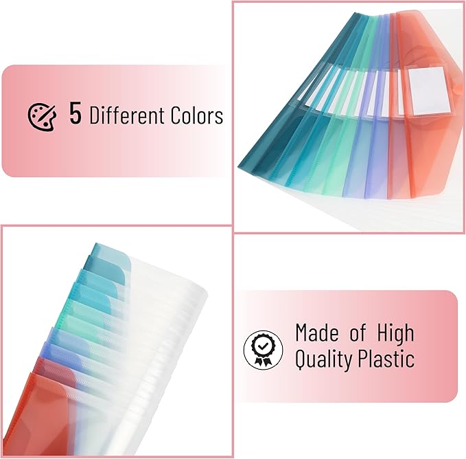 Mr. Pen- Clear Plastic Envelopes File Folders, 10 Pack, A4, Letter Size, Colorful Flaps, Clear Folders for Documents Plastic Poly Envelopes with Label for School, Home, Work, Office, Organizer