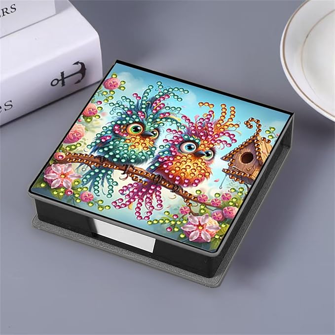 Bird Diamond Painting Note Box Memo Pad Holder, Diamond Art Sticky Notes Organizer for Desk, Aesthetic Stationery Storage Case for Office,School Supplies (Bird)
