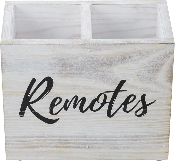 MyGift TV Remote Control Holder Organizer, Wood DVD Remote Caddy Storage for Table, 2 Large Compartment, Shabby Whitewashed Solid Wood with Black Cursive Remotes Label