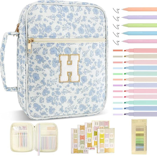 Personalized Initial Bible Cover Case for Women Girls Kid - Large Quilted Bible Case with Handle,Chenille Letter Bag Study Supplies,Christmas Gifts for Christians Birthday Graduation(Blue Flower-H)