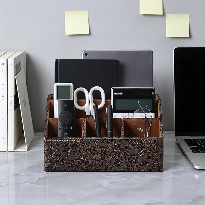 PU Leather Desktop Organizer, Home Luxury Remote Control Holder, Office Desk Accessory and Nightstand Storage Box, Vintage Style, Suitable for Living Room Tabletops (Brown Grape Pattern)