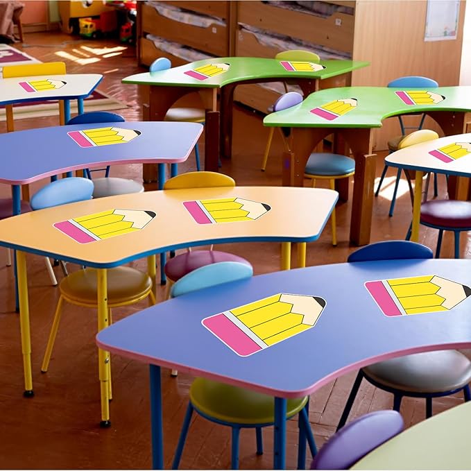 Whaline 12Pcs Pencil Dry Erase Dots Removeable Vinyl Sticker Spots Yellow Pink Pencil Shape Dry-Erase Board Stickers for Whiteboards Desks Wall Teaching Supplies