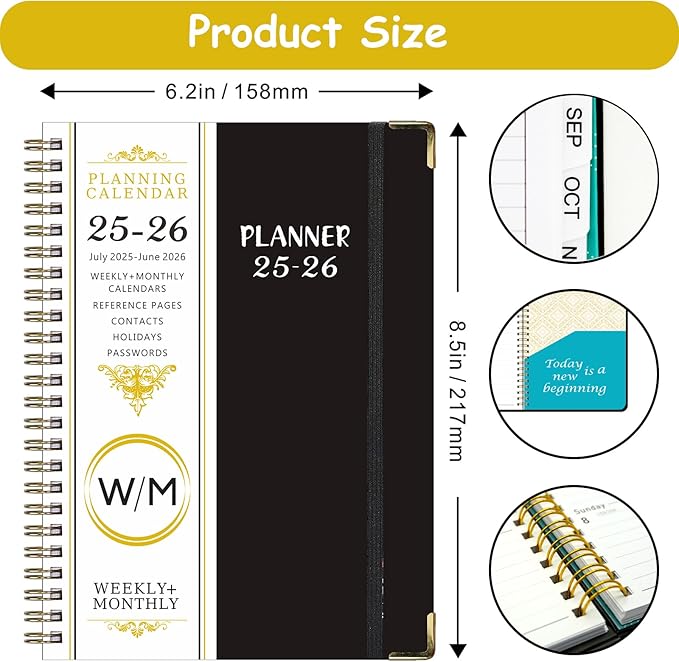 Daily Planner 2025-2026, Monthly and Weekly Calendar Planner with Tabs, July 2025 - Jun 2026, Inner Pocket, 6.2" x 8.5" A5 Size, Perfect for Office Home School Supplies, Spiral Bound, Black ﻿