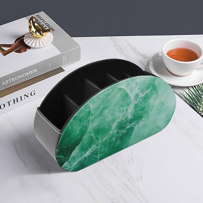 Green Marble Remote Control Holder with 5 Compartments Leather TV Remote Caddy Remote Storage Box Desktop Organizer for Pen/TV Remotes/Media Controllers/Office Supplies