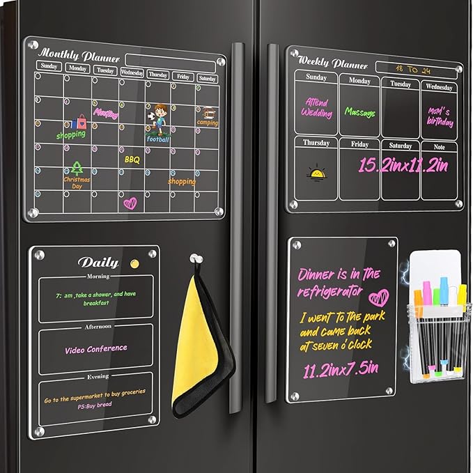MIKEDE Magnetic Calendar for Refrigerator, 4 Pack Strong Magnets Dry Erase Board Set, 6 Colorful Markers, Acrylic Calendar for Fridge Family Planning Whiteboard Wall, Magnet Pen Holder