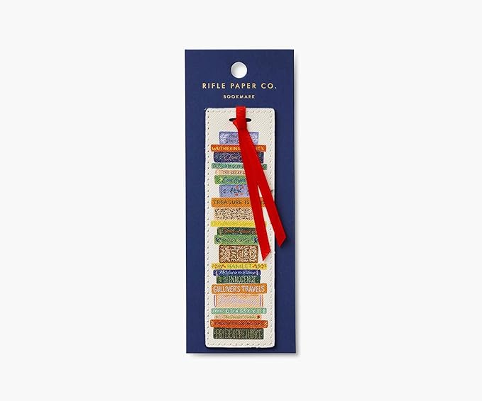 RIFLE PAPER CO. Book Club Bookmark 6" L x 1.75" W, Saffiano PU with a Grosgrain Ribbon, Metallic Gold Foil Logo, Perfect for Book Lovers, Writers, & Readers