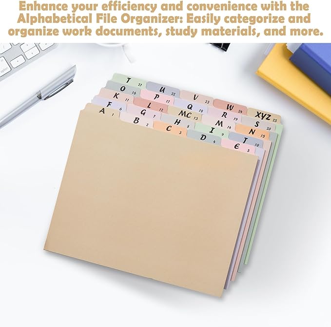 1 Set 25 Alphabet File Dividers A-Z Top Tab File Guides Letter Size 1/5 Cut Tab Manila Alphabetical File Organizer File Cabinet Dividers for Work Office Home School and Desk Organizer(Classic)