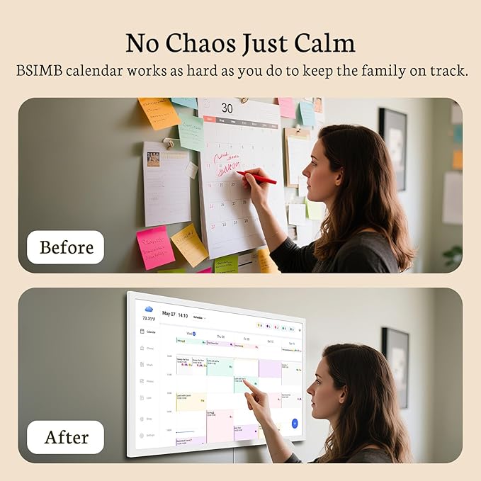 BSIMB 32 Inch Digital Calendar Wall Touch Screen - Chore Chart, Meal Planner, Rewards System, Photo Display, Smart Electronic Calendar Interactive Hearth Display for Family Schedules Seamless Scheduling White