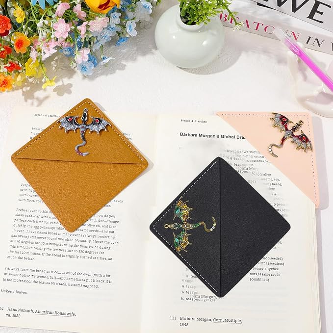 Fantasy Fourth Wing Leather Bookmarks, Flying Dragon Metal Pendant CornerBookmark, Book Mark for Reading Women Men Couple Book Accessories,Reading Supplies for Book Lover (Leather Dragon)