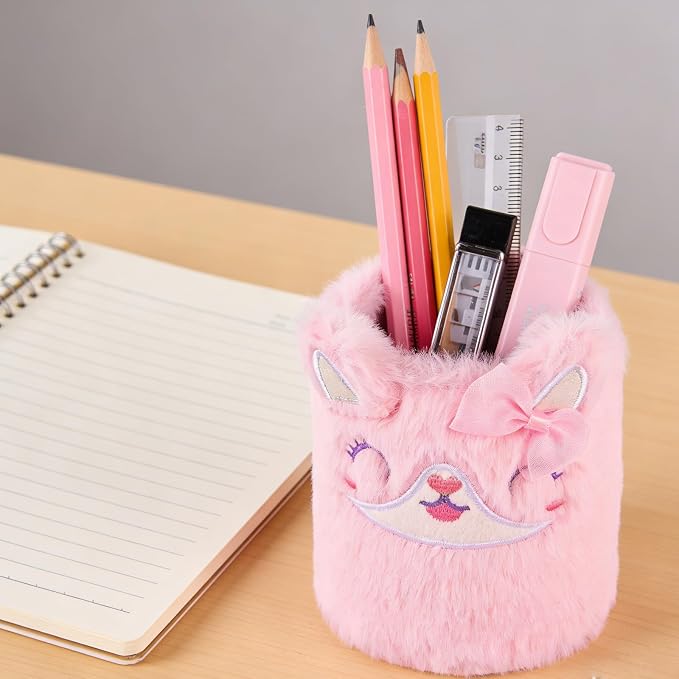 Pencil Holder, Cute Pen Holder for Desk, Pink Fox Stand Makeup Brush Cup for School, Home, Office Desk Decor, Aesthetic Desktop Organizer, Multi-Purpose Pen Holder & Makeup Brush Cup
