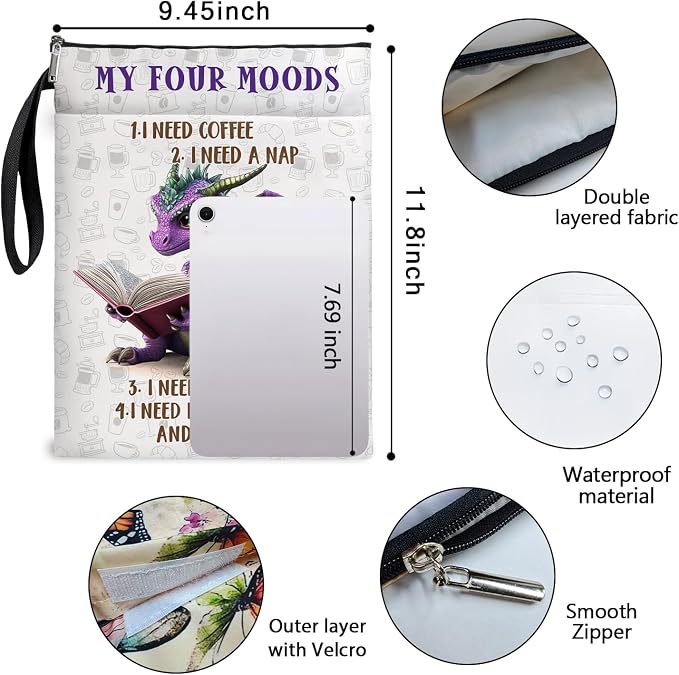Purple Dragon Book Cover, Waterproof Book Sleeve with Zippered Front Pocket Retro Flowers Book Pouch for Book Lovers, Christmas, Birthday, Graduation Gifts (Purple Dragon, Large)