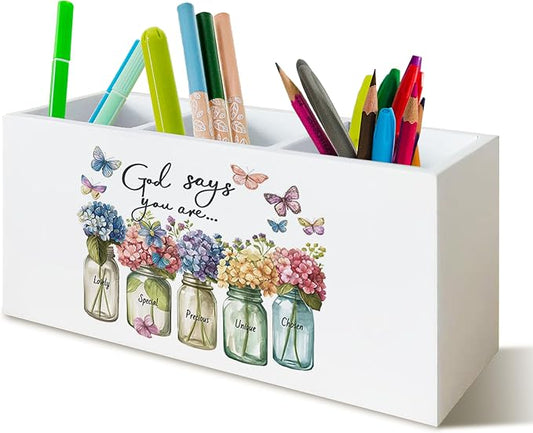 Christian Office Decor, Christian Pen Holder for Office Desk Decor, Hydrangea Bible Verse Wooden Pencil Holder Sign Organizer for Desk, Inspirational Hydrangea Gifts for Women Men