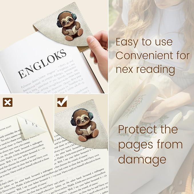 Icycay Cute Sloth Owls Panda Corner Bookmarks, Funny Leather Book Accessories for Book Lovers, 3 Pcs Reading Book Page Markers for Women Men Student Teacher Girls Boys Kids Retirement Birthday Gifts