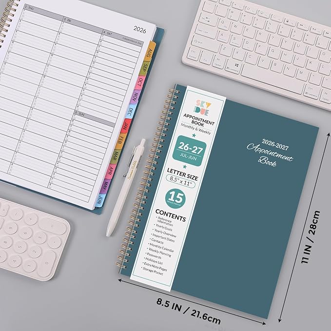 SKYDUE Appointment Book 2026-2027, Academic Hourly Planner from July 2026 - June 2027, 8.5" x 11" Weekly & Monthly Schedule Planner with 15-Minute Interval- Perfect for Daily Planning Blue